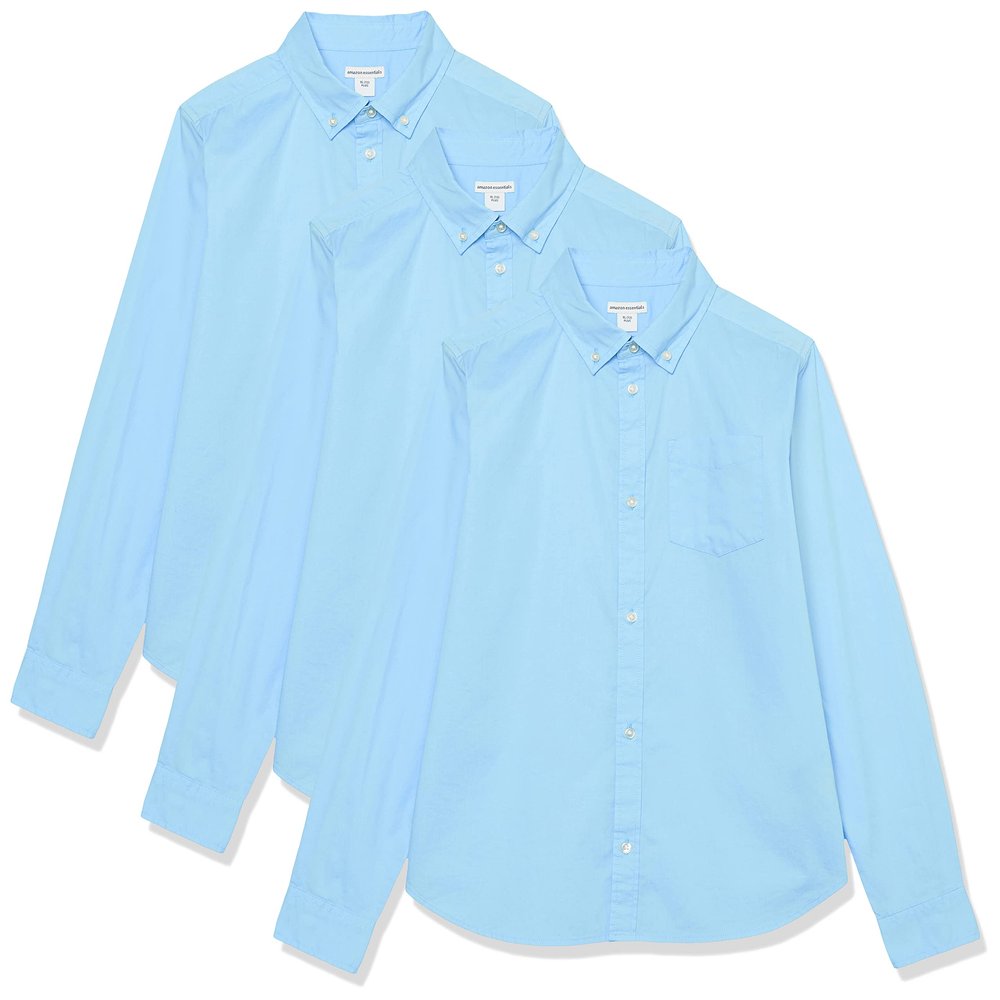 Amazon Essentials Boys' Uniform Long-Sleeve Woven Stretch Poplin Button-Down Shirts, Pack of 3, Blue, X-Large