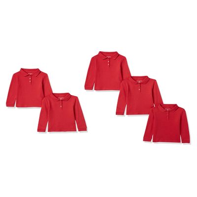 Amazon Essentials Girls' Long-Sleeve School Uniform Interlock Polo Shirts, Pack of 5, Red, XX-Large
