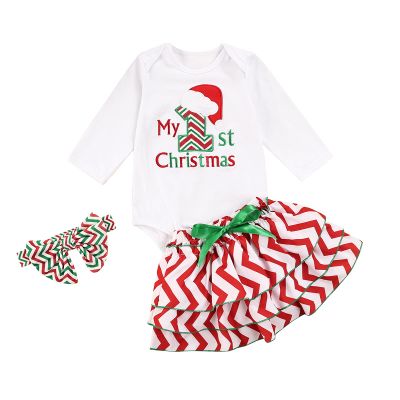Baby Girls My First Christmas Clothes Set Letter Printed Long Sleeve Romper Tops+Bowknot Stripe Skirt+Headband (Red Wine, 6-12 Months)