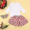 Baby Girls My First Christmas Clothes Set Letter Printed Long Sleeve Romper Tops+Bowknot Stripe Skirt+Headband (Red Wine, 6-12 Months) view 2