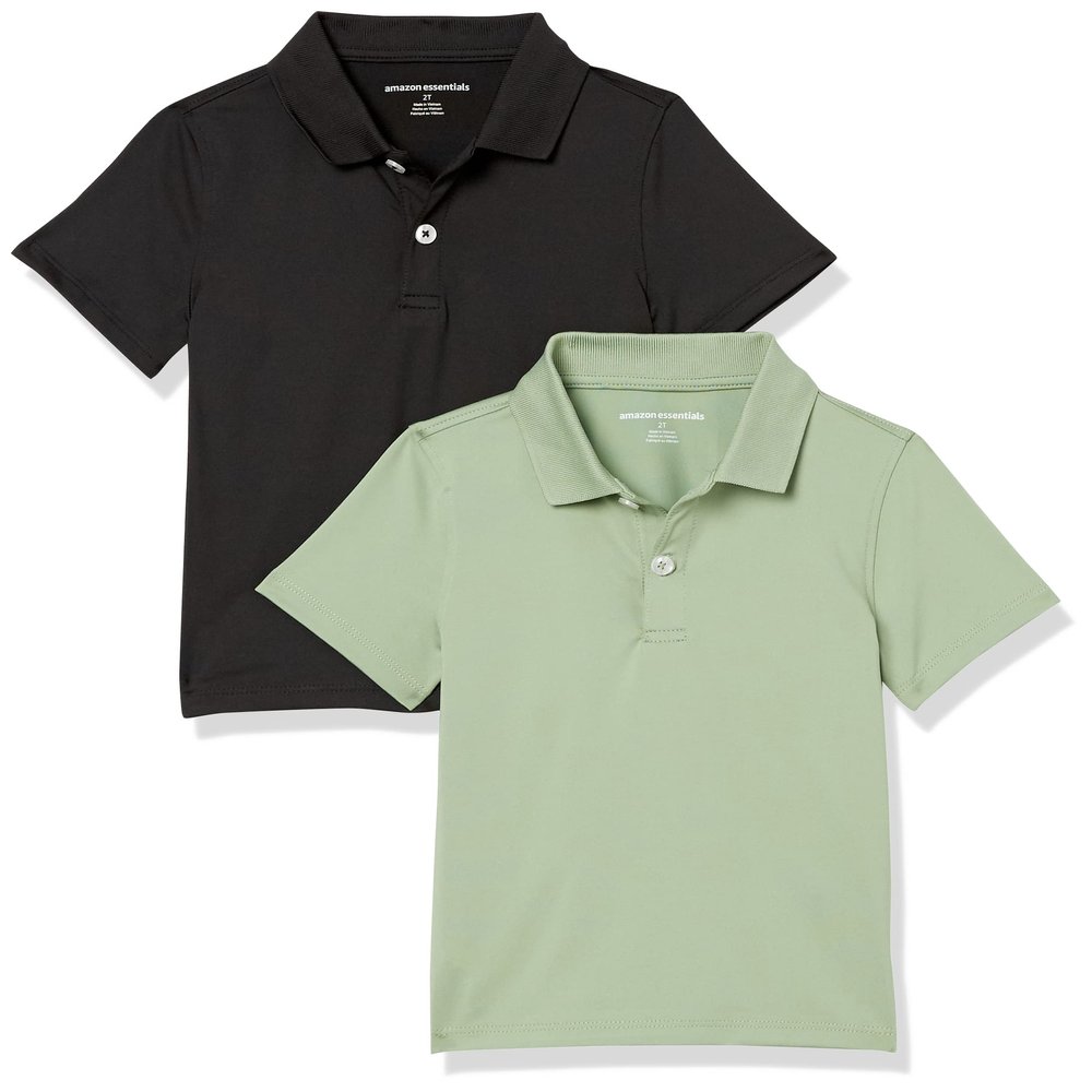 Amazon Essentials Boys' Short-Sleeve Active Performance Polo Shirts, Pack of 2, Black/Olive, Large
