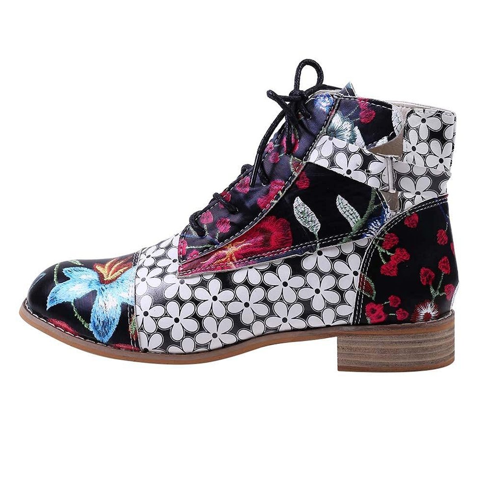 Combat Ankle Boots for Womens Flower Pattern Splicing Lace-Up Zipper Booties Square Low Heel Cute Almond Toe