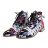 Combat Ankle Boots for Womens Flower Pattern Splicing Lace-Up Zipper Booties Square Low Heel Cute Almond Toe view 3