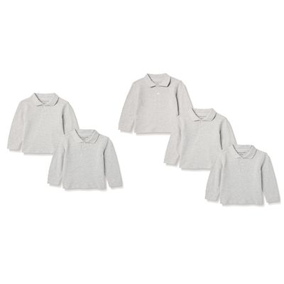 Amazon Essentials Boys' Long-Sleeve Pique Polo Shirts, Pack of 5, Grey Heather, Small