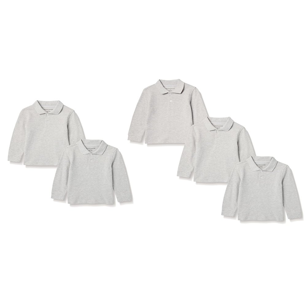 Amazon Essentials Boys' Long-Sleeve Pique Polo Shirts, Pack of 5, Grey Heather, Small