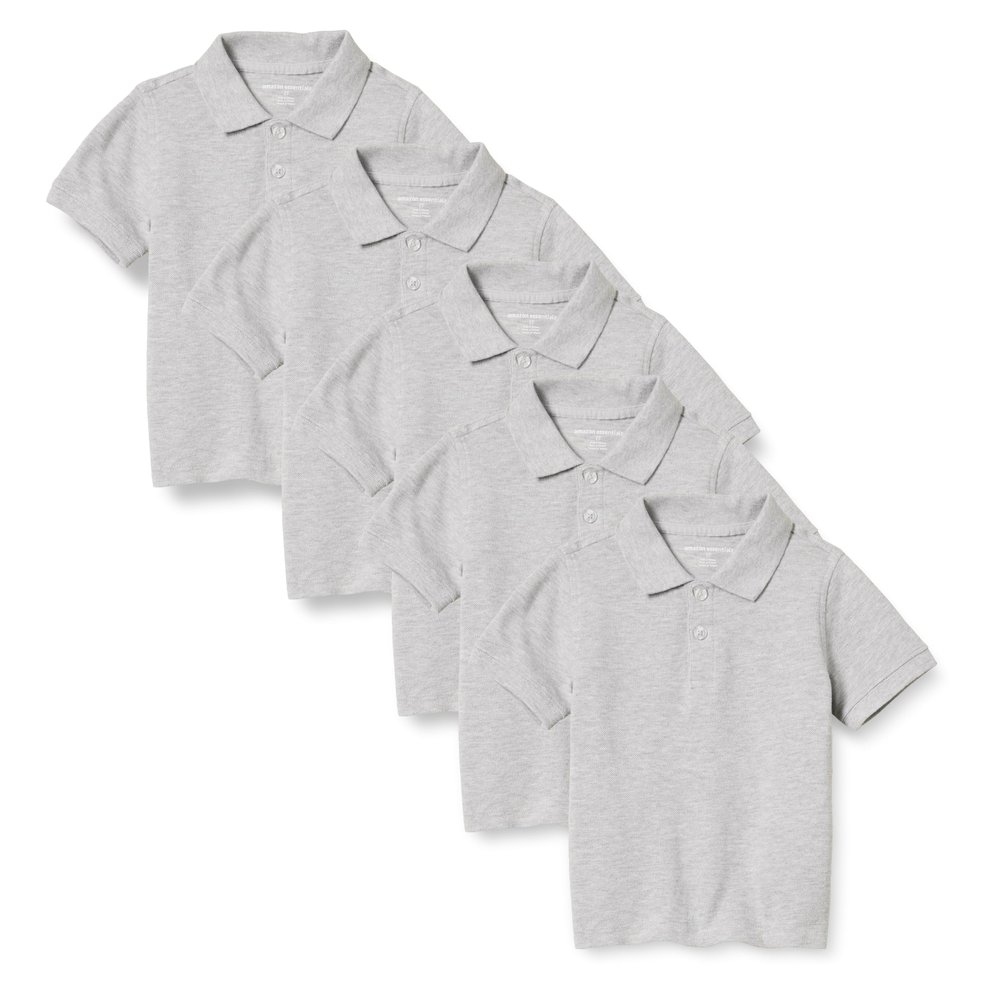 Amazon Essentials Boys' Uniform Short-Sleeve Pique Polo Shirts, 5-Pack Heather Grey, 2T
