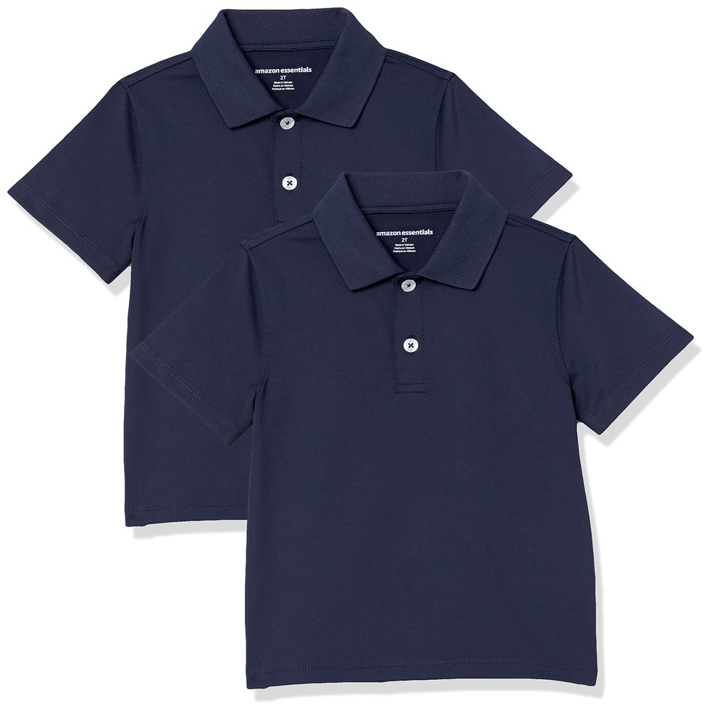Amazon Essentials Boys' Short-Sleeve Active Performance Polo Shirts, Pack of 2, Navy, Large