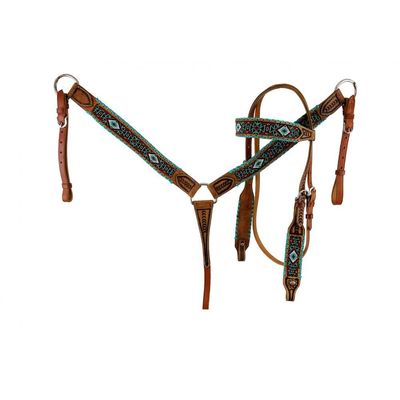 Showman Beaded Leather Headstall & Breast Collar Set w/Teal Rawhide Accent