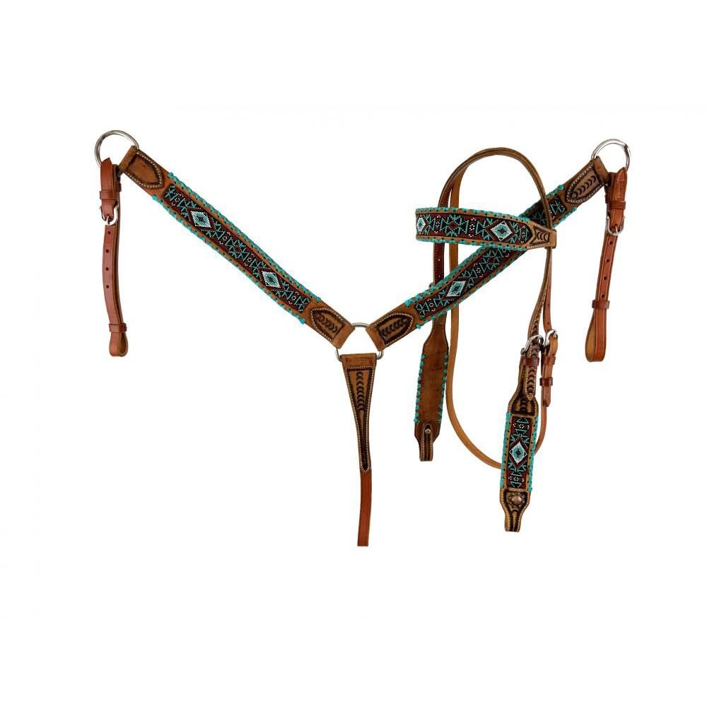 Showman Beaded Leather Headstall & Breast Collar Set w/Teal Rawhide Accent