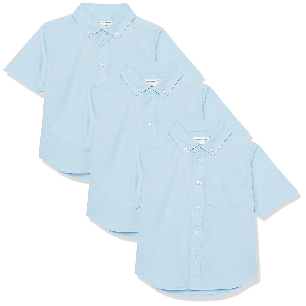 Amazon Essentials Boys' Uniform Short-Sleeve Woven Stretch Poplin Button-Down Shirts, Pack of 3, Blue, Large Slim