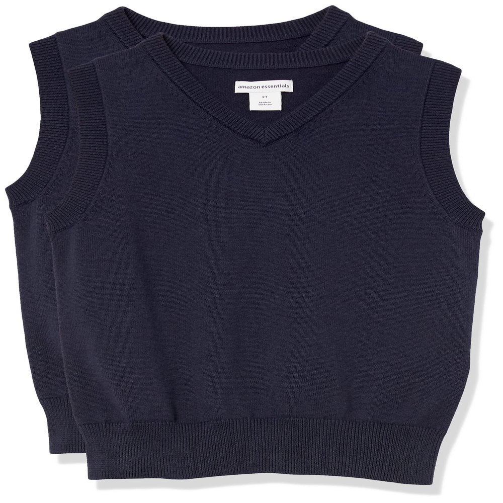 Amazon Essentials Toddler Boys' Uniform Cotton V-Neck Sweater Vest, Pack of 2, Navy, 2T