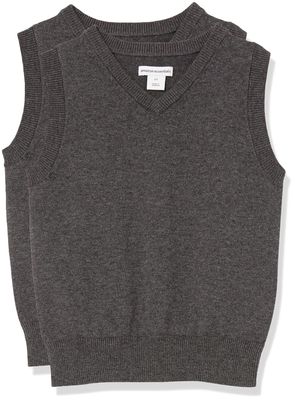Amazon Essentials Toddler Boys' School Uniform Cotton V-Neck Sweater Vest, Pack of 2, Charcoal Heather, 2T