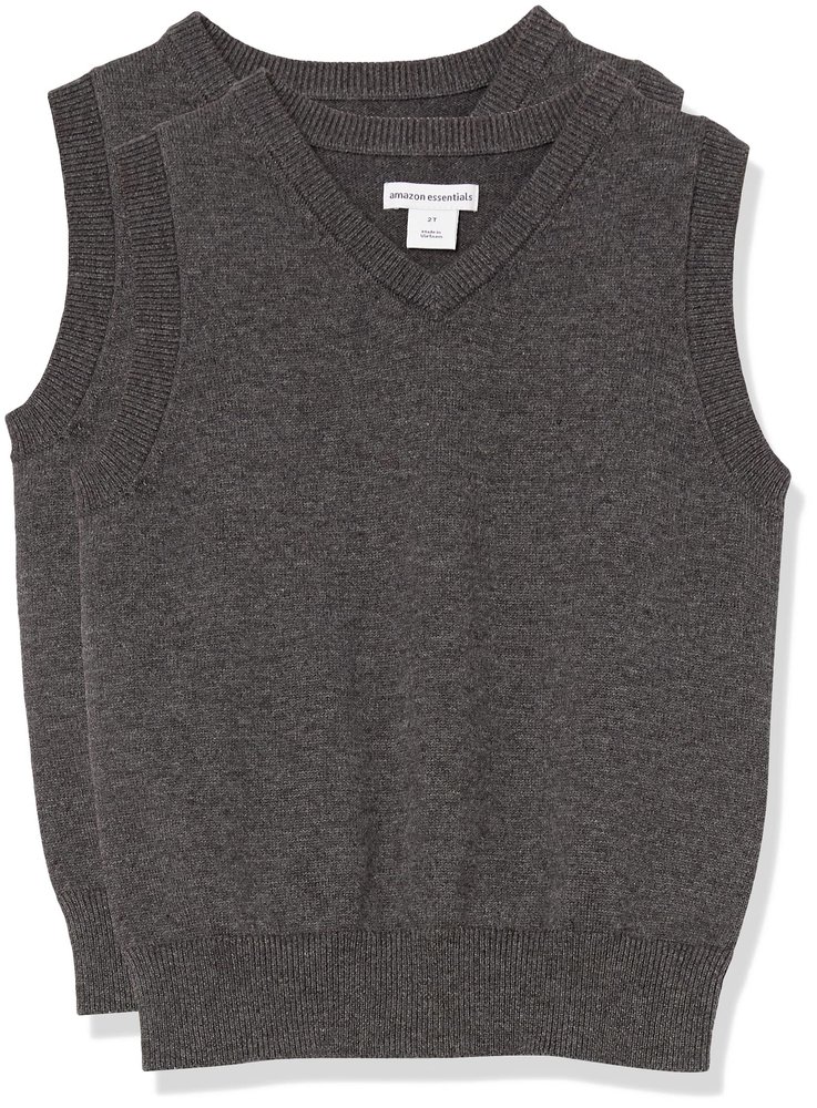 Amazon Essentials Toddler Boys' School Uniform Cotton V-Neck Sweater Vest, Pack of 2, Charcoal Heather, 2T
