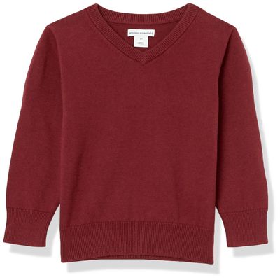 Amazon Essentials Unisex Toddlers' Uniform Cotton V-Neck Sweater, Burgundy Heather, 2T