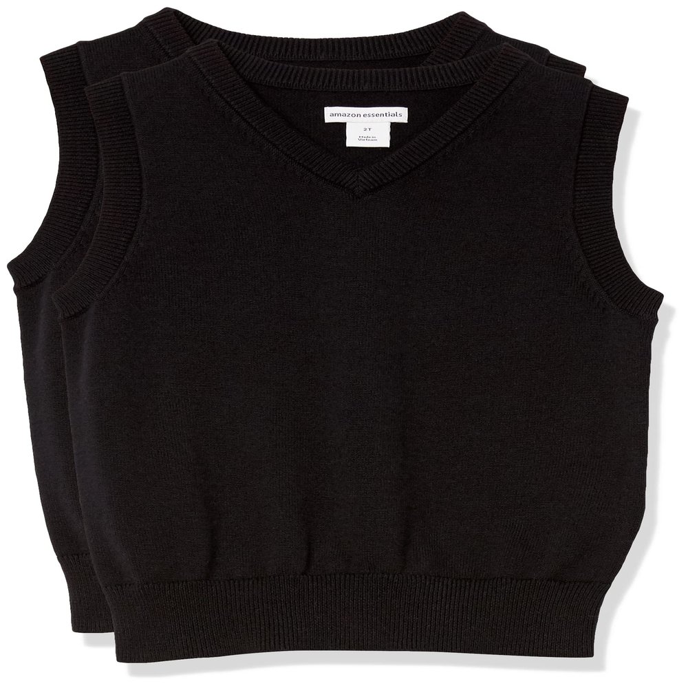 Amazon Essentials Boys' School Uniform Cotton V-Neck Sweater Vest, Pack of 2, Black, Large