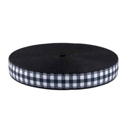 Country Brook Design - Black & White Buffalo Plaid Ribbon on Black Nylon Webbing (1 Inch, 20 Yards)