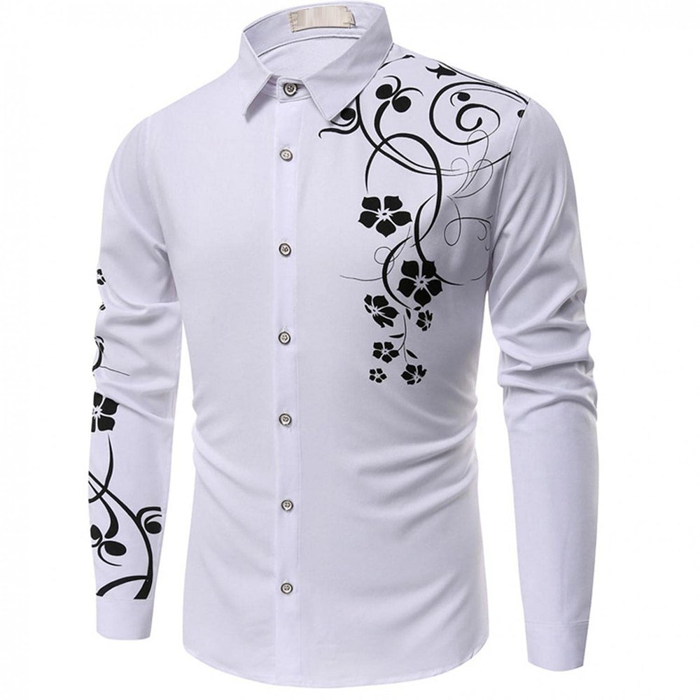 Mens Fashion Polo Shirts Long Sleeve Classic Slim Fit Cotton Dress Shirts Button Color Block Graphic Tees Pocket A-White