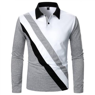 Mens Fashion Polo Shirts Long Sleeve Classic Slim Fit Cotton Dress Shirts Button Color Block Graphic Tees Pocket Gray