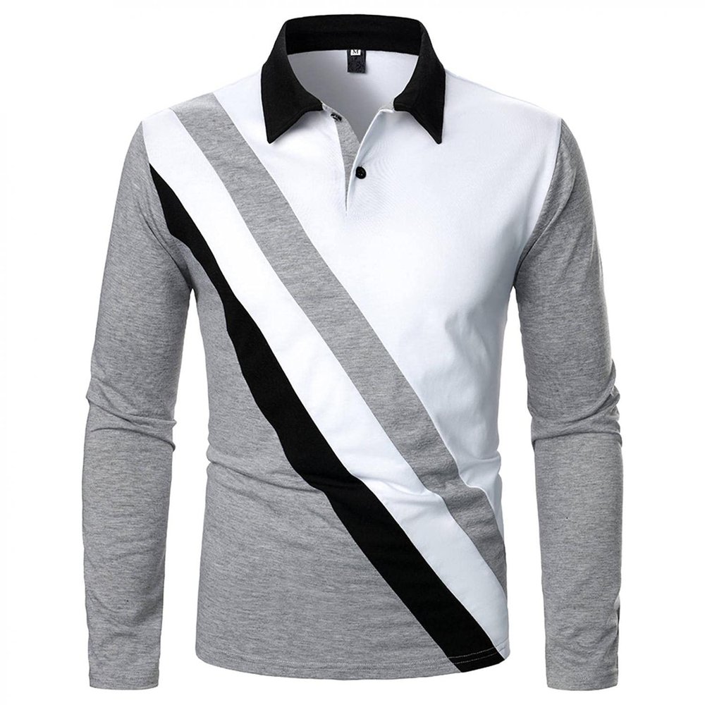 Mens Fashion Polo Shirts Long Sleeve Classic Slim Fit Cotton Dress Shirts Button Color Block Graphic Tees Pocket Gray