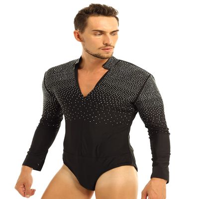 Hansber Men's V-Neck Shiny Rhinestones Dance Shirts Figure Skating Bodysuit Leotard Ballroom Latin Tango Dance Costume Black X-Large