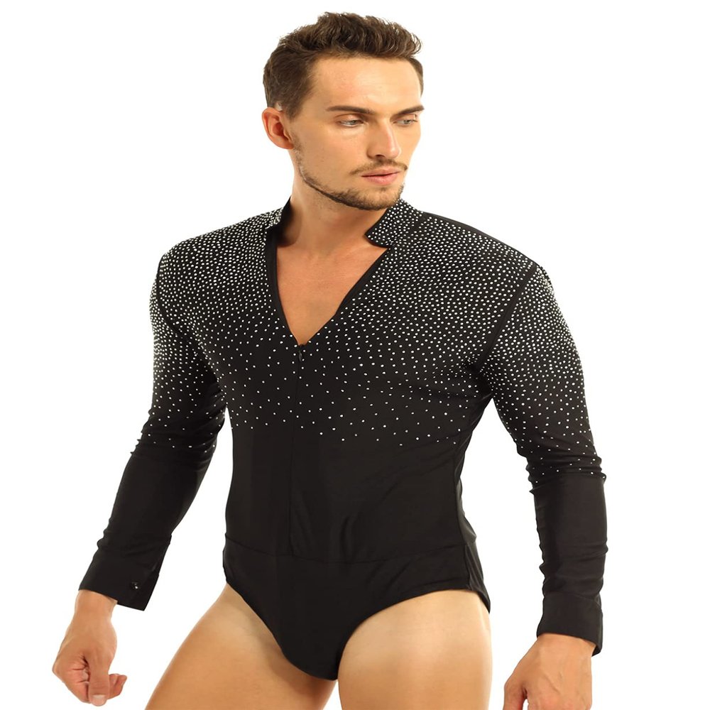 Hansber Men's V-Neck Shiny Rhinestones Dance Shirts Figure Skating Bodysuit Leotard Ballroom Latin Tango Dance Costume Black Large