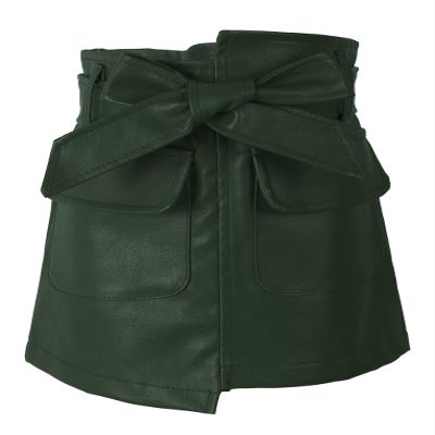 QinCiao Toddler Kids Girl's PU Leather Irregular Skirt A-line Mini Pencil Skort Skirt with Belt Dark Green 2-3 Years