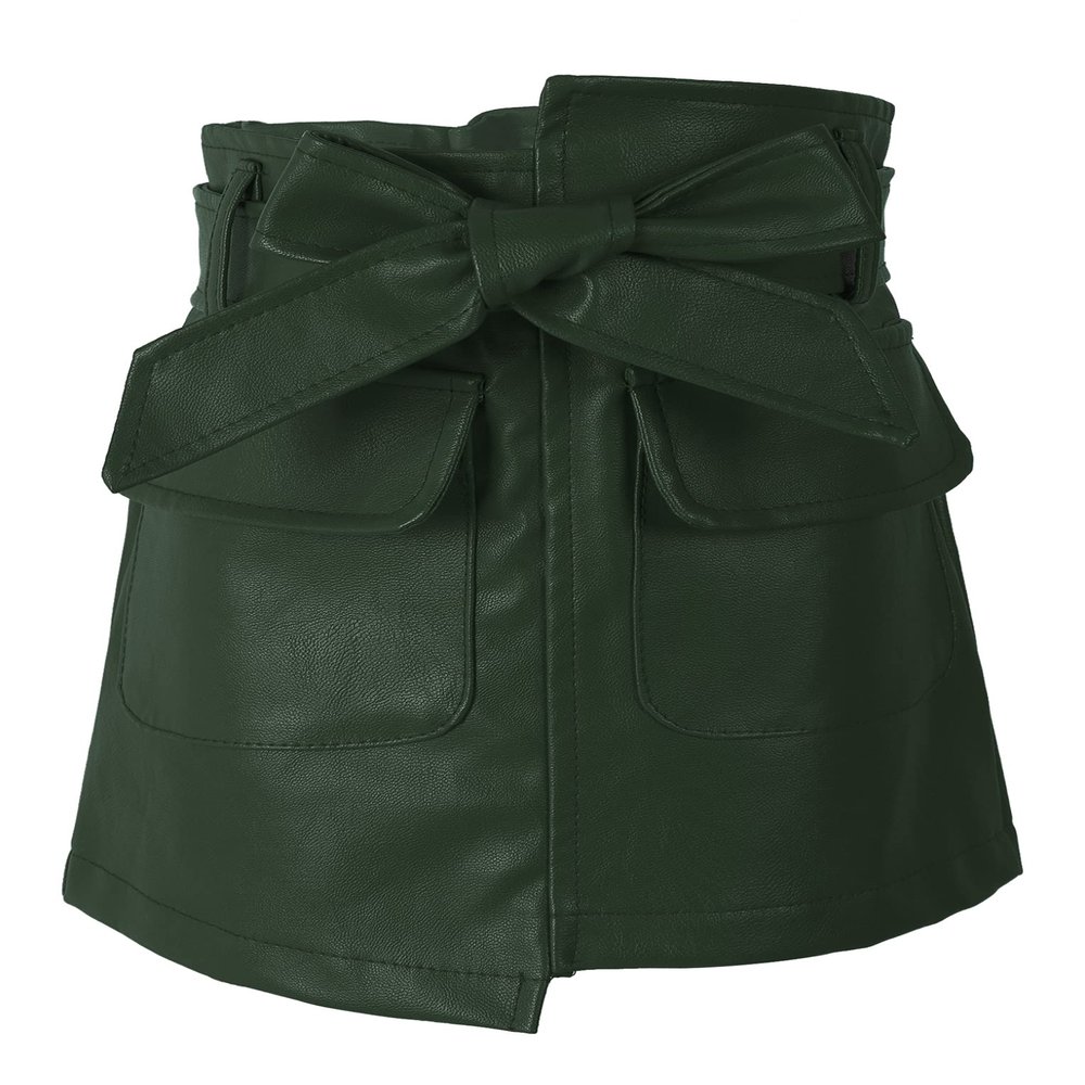 QinCiao Toddler Kids Girl's PU Leather Irregular Skirt A-line Mini Pencil Skort Skirt with Belt Dark Green 2-3 Years