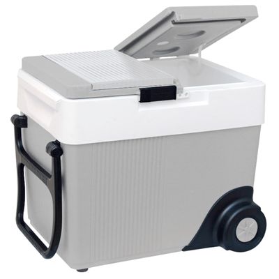 Koolatron Electric Portable Cooler Plug in 12V Car Cooler/Warmer 33 qt (31 L) w/Wheels, No Ice Thermo Electric portable Fridge for camping, Travel Road Trips with 12 Volt DC Power Cord, Gray/White.