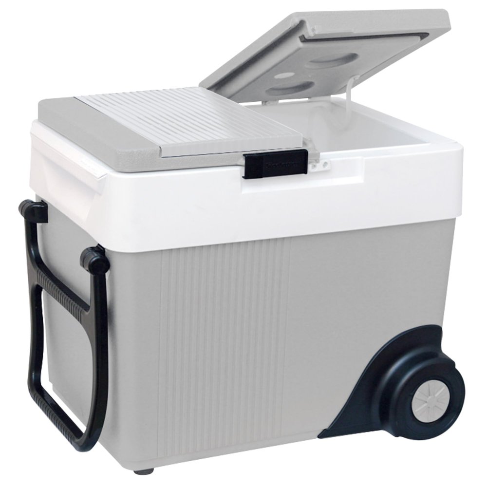 Koolatron Electric Portable Cooler Plug in 12V Car Cooler/Warmer 33 qt (31 L) w/Wheels, No Ice Thermo Electric portable Fridge for camping, Travel Road Trips with 12 Volt DC Power Cord, Gray/White.