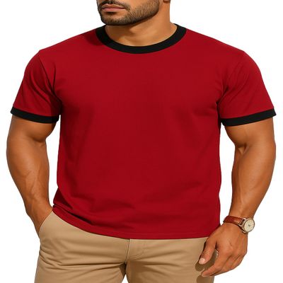 JustBlanks Men's Ringer Tee Shirt - Cotton T-Shirts Short Sleeves Crewneck T-Shirt for Men - Red/Jet Black - L