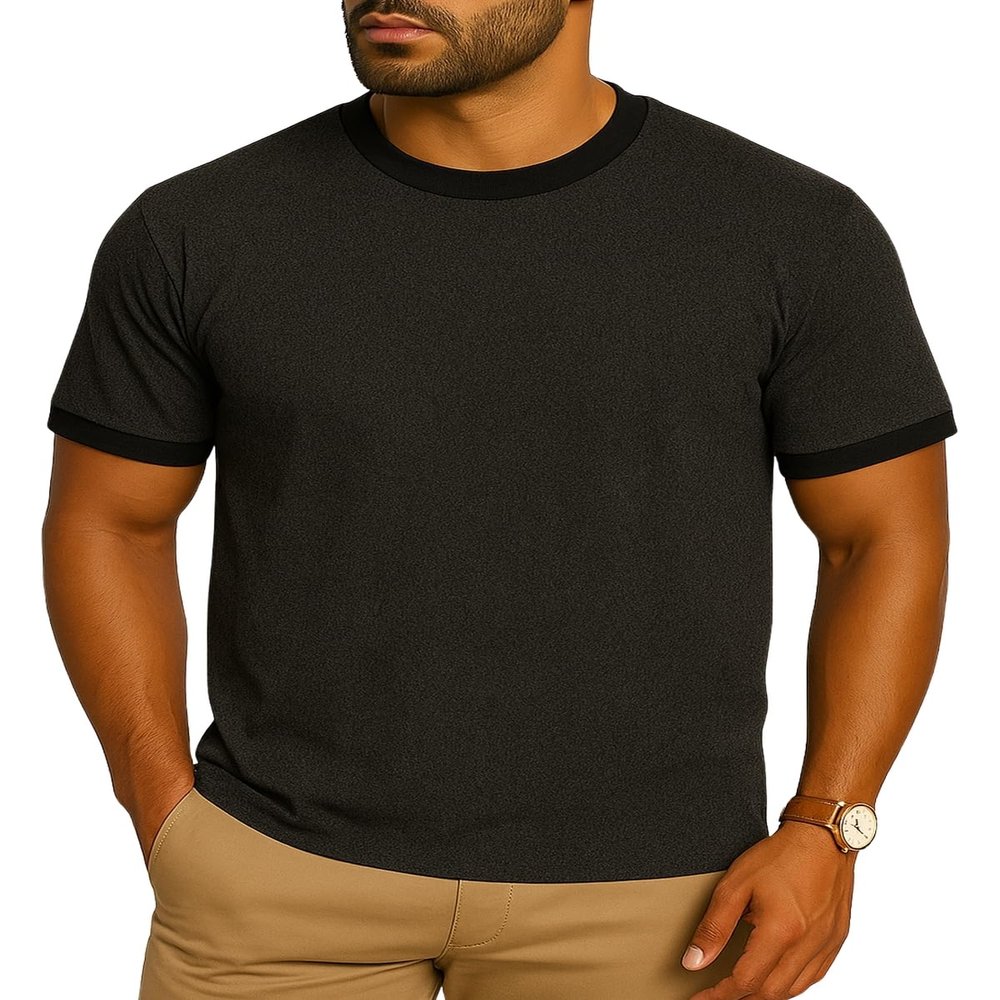 JustBlanks Men's Ringer Tee Shirt - Cotton T-Shirts Short Sleeves Crewneck T-Shirt for Men - Dark Heather Grey/Jet Black - M
