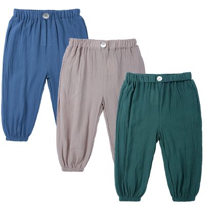 EISHOW 3Pack Toddler Baby Boys Girls Ruffle Ankle Pants Soft Cotton Linen Trousers Casual Elastic Harem Pants Long Bloomers (9-18 Months,A Blue&Gray&Green)