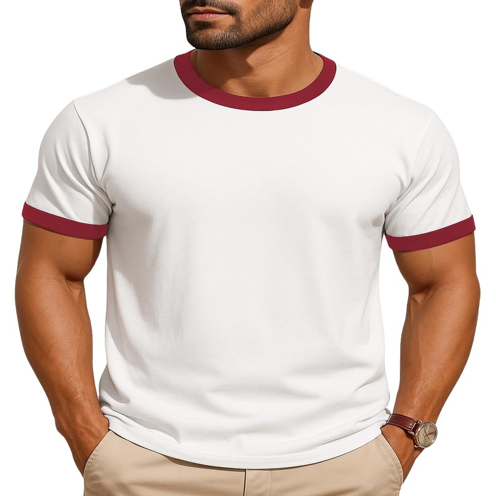 JustBlanks Men's Ringer Tee Shirt - Cotton T-Shirts Short Sleeves Crewneck T-Shirt for Men - White/Red - XL