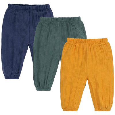 EISHOW 3Pack Toddler Baby Boys Girls Ankle Pants Cotton Linen Trousers Casual Elastic Wide Leg Harem Pants Long Bloomers (6-9 Months,A Navy&Green&Yellow)