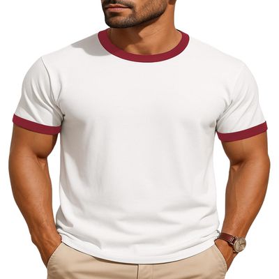 JustBlanks Men's Ringer Tee Shirt - Cotton T-Shirts Short Sleeves Crewneck T-Shirt for Men - White/Red - M