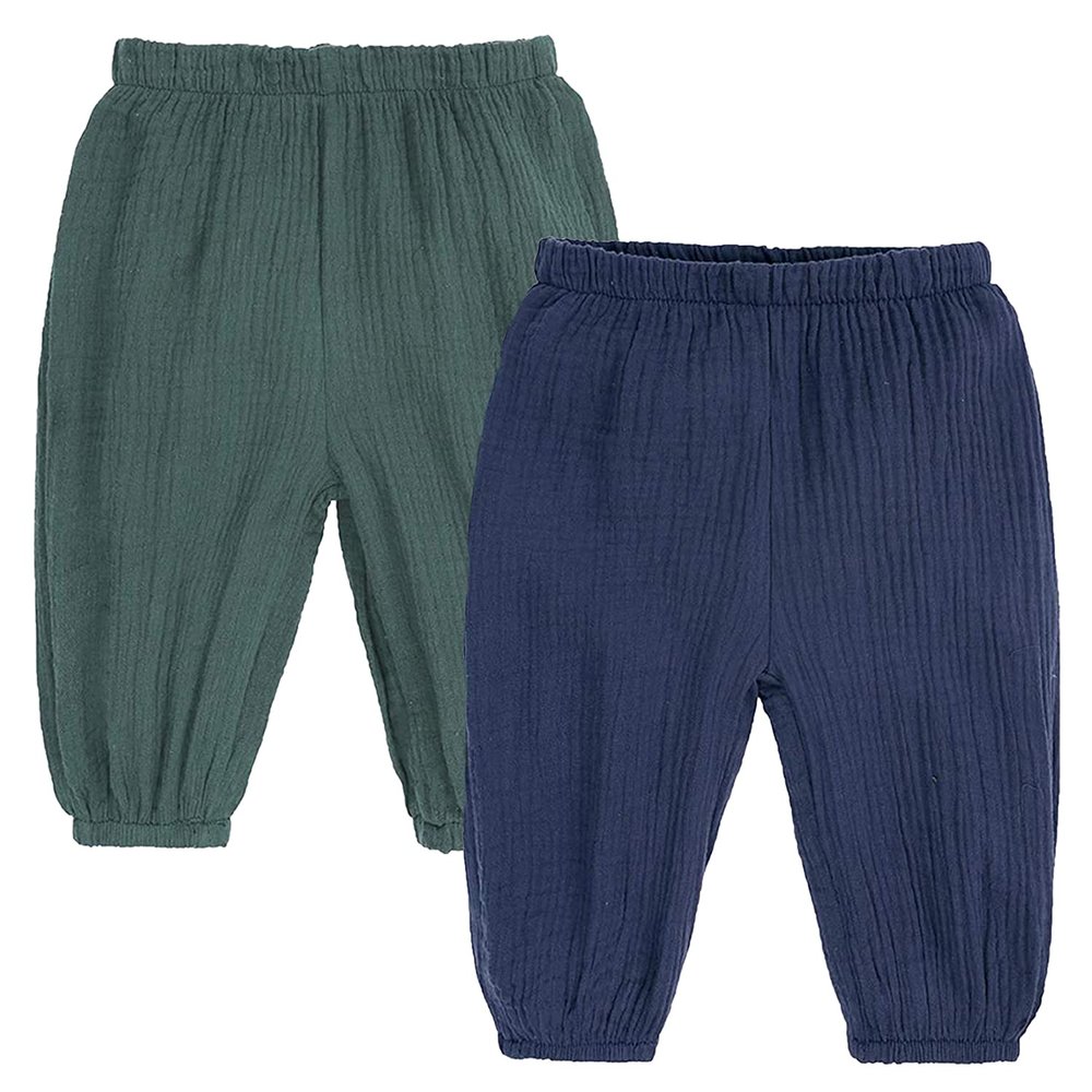 EISHOW 3Pack Toddler Baby Boys Girls Ankle Pants Cotton Linen Trousers Casual Elastic Wide Leg Harem Pants Long Bloomers (6-9 Months,2 Pack-Navy&Green)