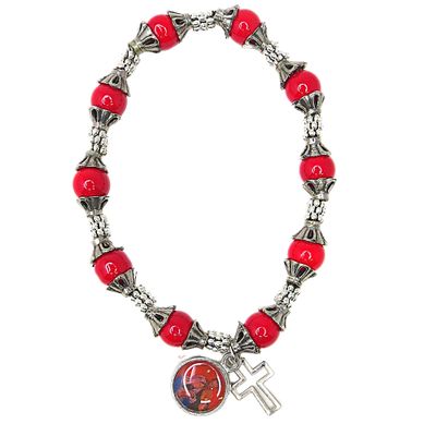 Silver Toned Red Beaded Nativity Scene Charm Bracelet with Picture and Cross, Religious Christmas Jewelry for Women, 3 Inches