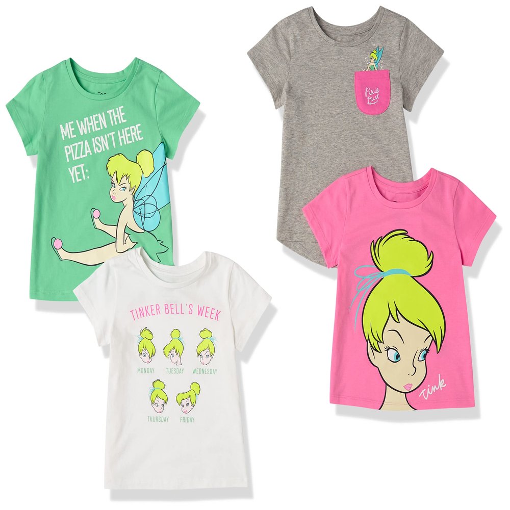 Amazon Essentials Disney | Marvel | Star Wars | Frozen | Princess Toddler Girls' Short-Sleeve T-Shirts, Pack of 4, Tinker Bell Moods, 2T