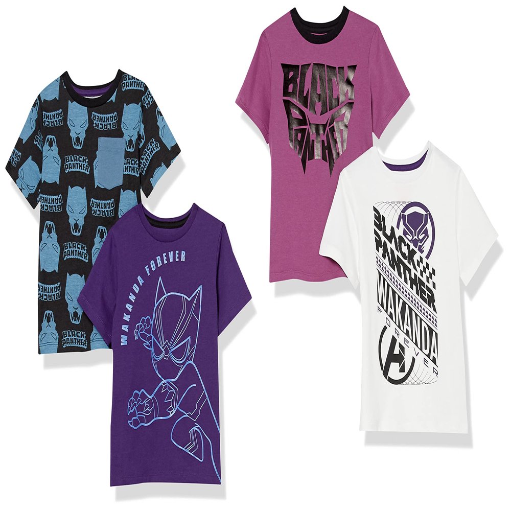 Amazon Essentials Disney | Marvel | Star Wars Toddler Boys' Short-Sleeve T-Shirts, Pack of 4, Marvel Black Panther, 3T