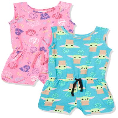 Amazon Essentials Disney | Marvel | Star Wars | Frozen | Princess Girls' Knit Sleeveless Rompers, Pack of 2, Neon Star Wars Child, X-Large