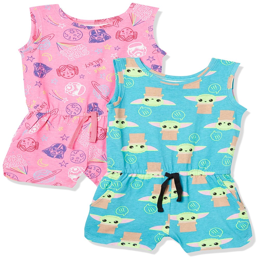 Amazon Essentials Disney | Marvel | Star Wars | Frozen | Princess Girls' Knit Sleeveless Rompers, Pack of 2, Neon Star Wars Child, X-Large
