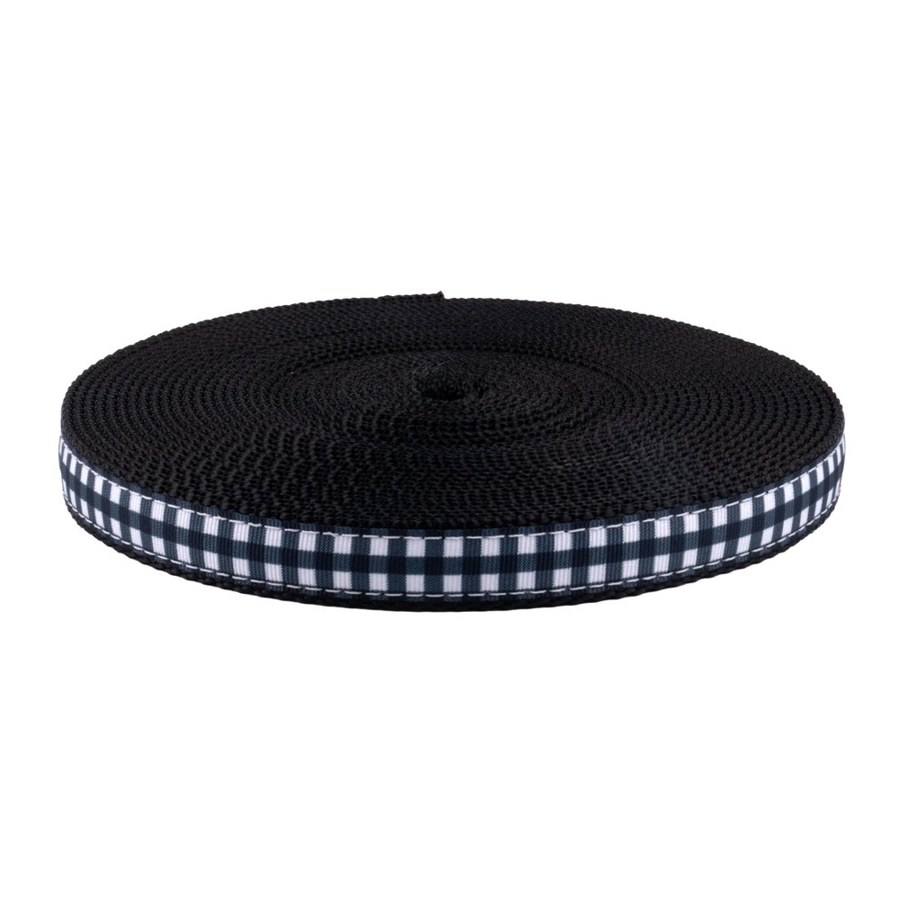 Country Brook Design - Black & White Buffalo Plaid Ribbon on Black Nylon Webbing (3/4 Inch, 50 Yards)