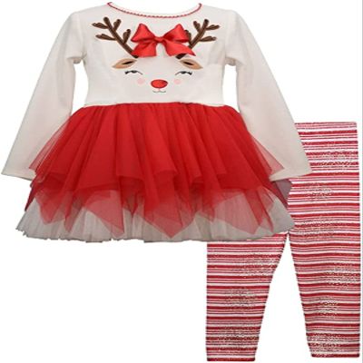 Bonnie Jean Girls Christmas Holiday Reindeer Dress Tutu Legging Set (3-6 Months)