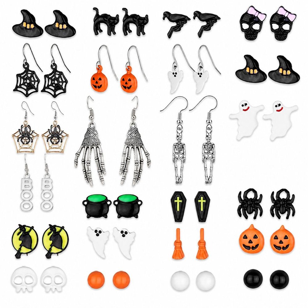 26 Pairs Halloween Stud Earrings Bat Cat Witch Earrings Set Spider Web Pumpkin Skull Drop earrings Jewelry for Women Halloween Outfit Costumes Accessories
