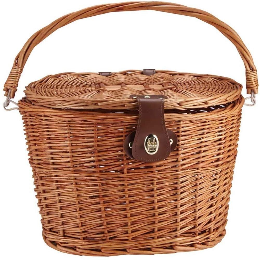 YRHH Wicker Bicycle Front Basket,Bicycle Basket with Lid, Multi-Purpose Detachable Bicycle Front Handmade Storage Baskets for Pet, Shopping, Camping and Outdoor