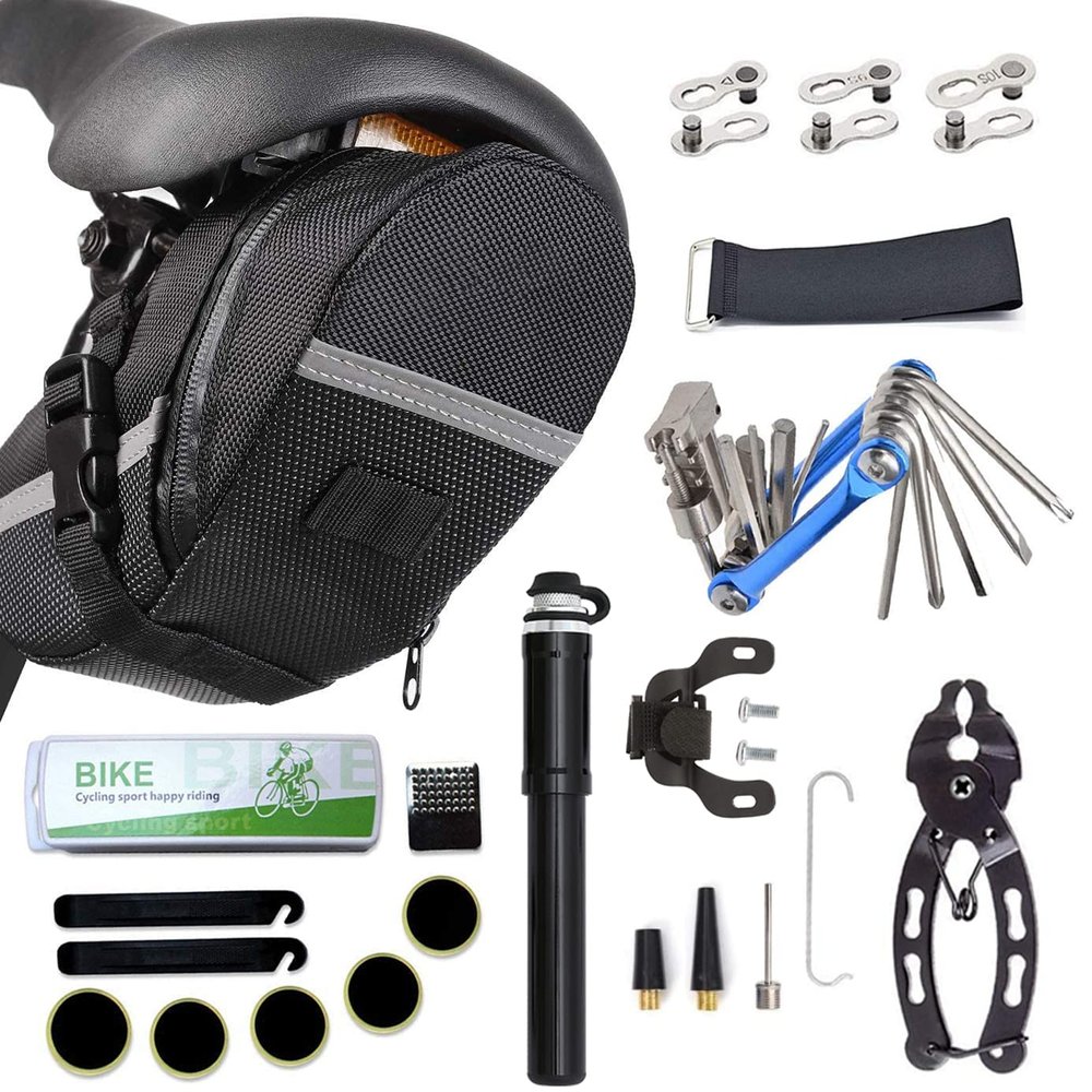 HHLC Bicycle Tire Pump, Bike Repair Tool Kits Saddle Bag, Patches, 11 in 1 Multi Function Tool, Lever, Link Plier, Missing for Road Mountain BMX , Chain Breaker Splitter