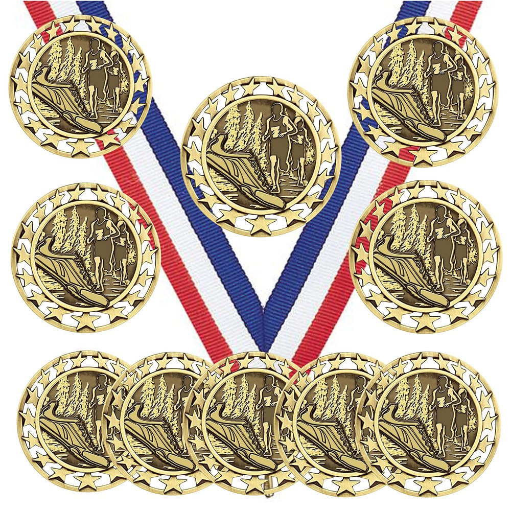 10 Pack of Cross Country Running Gold Medals Trophy Award with Neck Ribbons SM