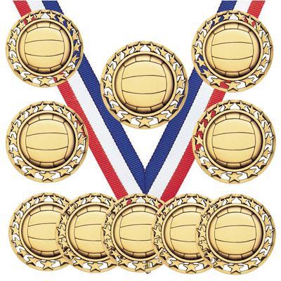 10 Pack of Volleyball Gold Medals Trophy Award with Neck Ribbons SM