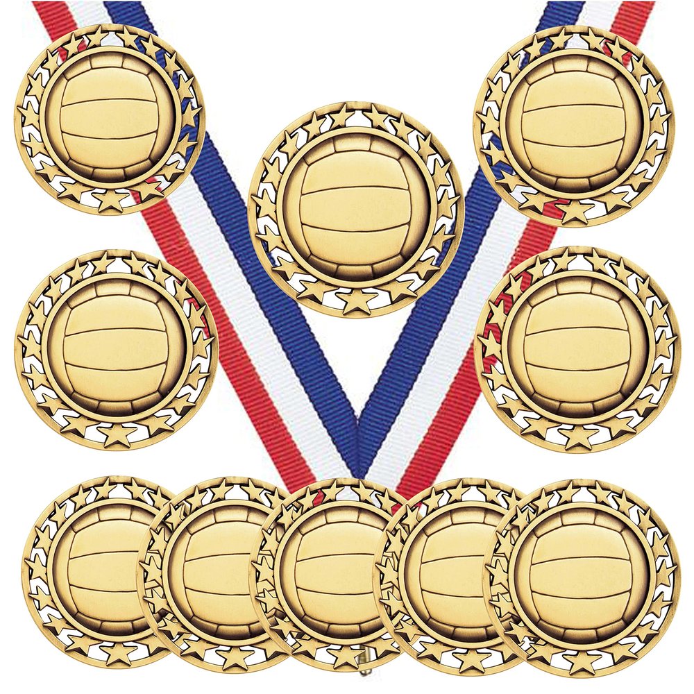 10 Pack of Volleyball Gold Medals Trophy Award with Neck Ribbons SM