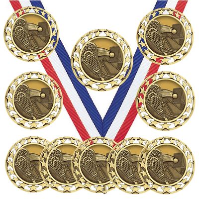 10 Pack of Lacrosse Gold Medals Trophy Award with Neck Ribbons SM